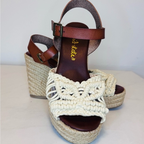 Cream and Brown Woven Wedge Sandals - Picture 1 of 11